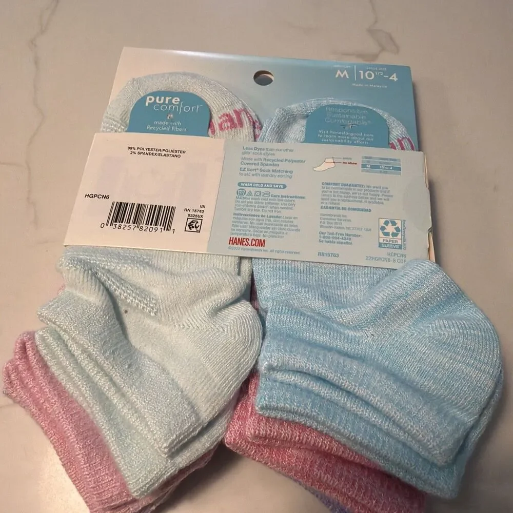 Hanes Premium Pure Comfort Girls No Show Socks 6 Pairs Medium Show Size 10.5-4